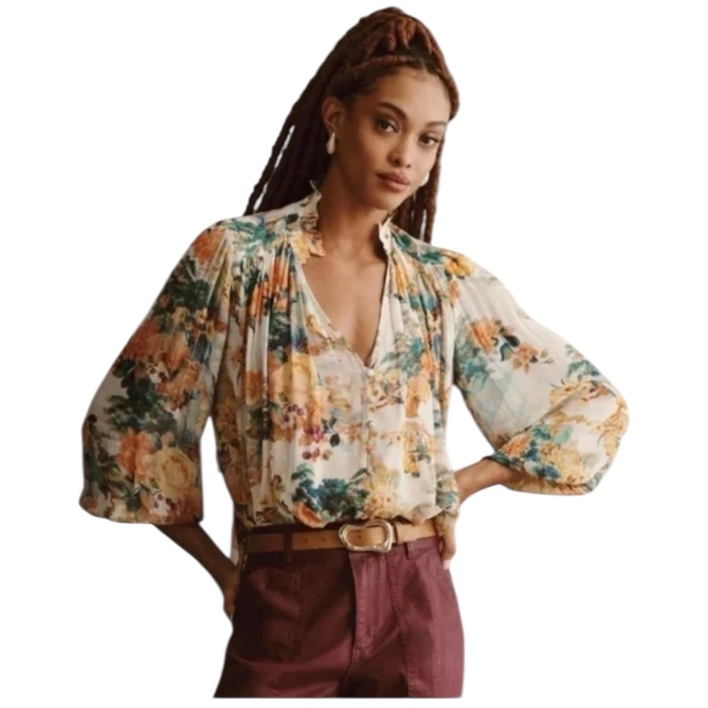 Anthropologie Estella Sheer Printed Blouse Floral Multicolor Medium NWOT